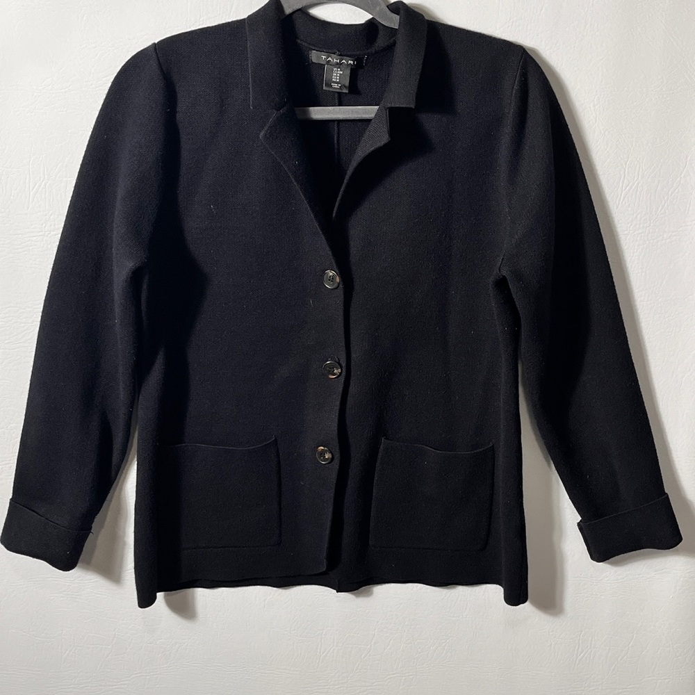 Tahari Black Women's Rayon Cardigan Blazer with Pockets Medium